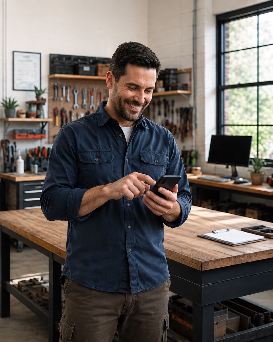 Service business owner checking his phone in his workshop